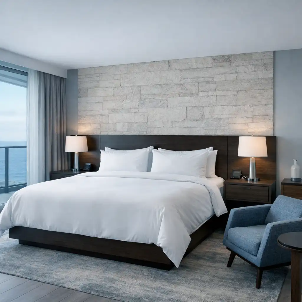 Contemporary hotel room at Clarion Haven with a king bed, dark timber headboard, and soft coastal light