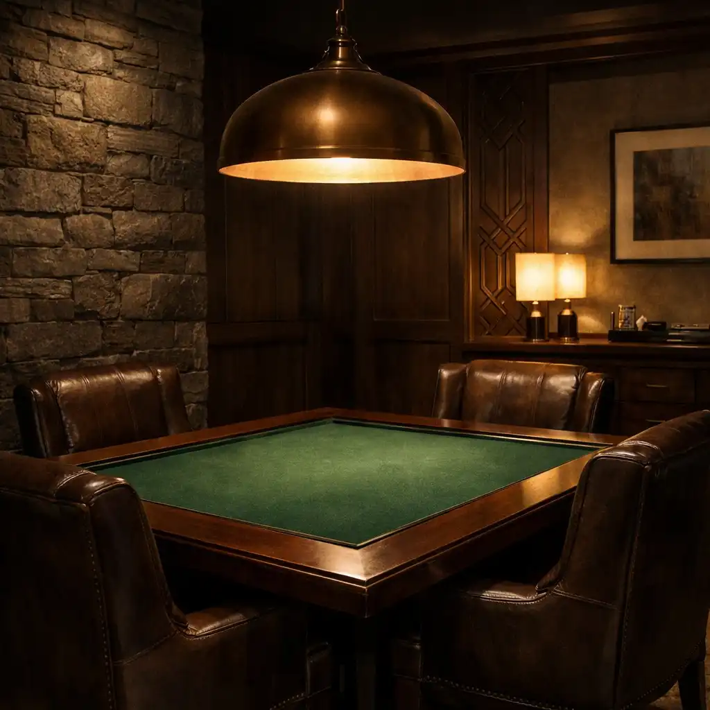 Sophisticated card lounge with a dark timber table, green felt surface, leather chairs, and warm lighting