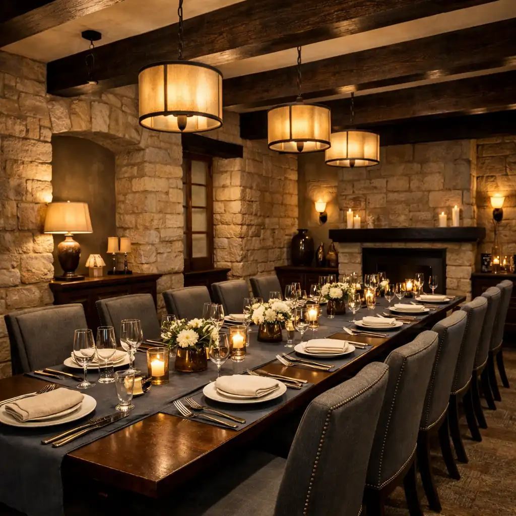 Group dining setup with a long table, elegant place settings, and warm pendant lighting