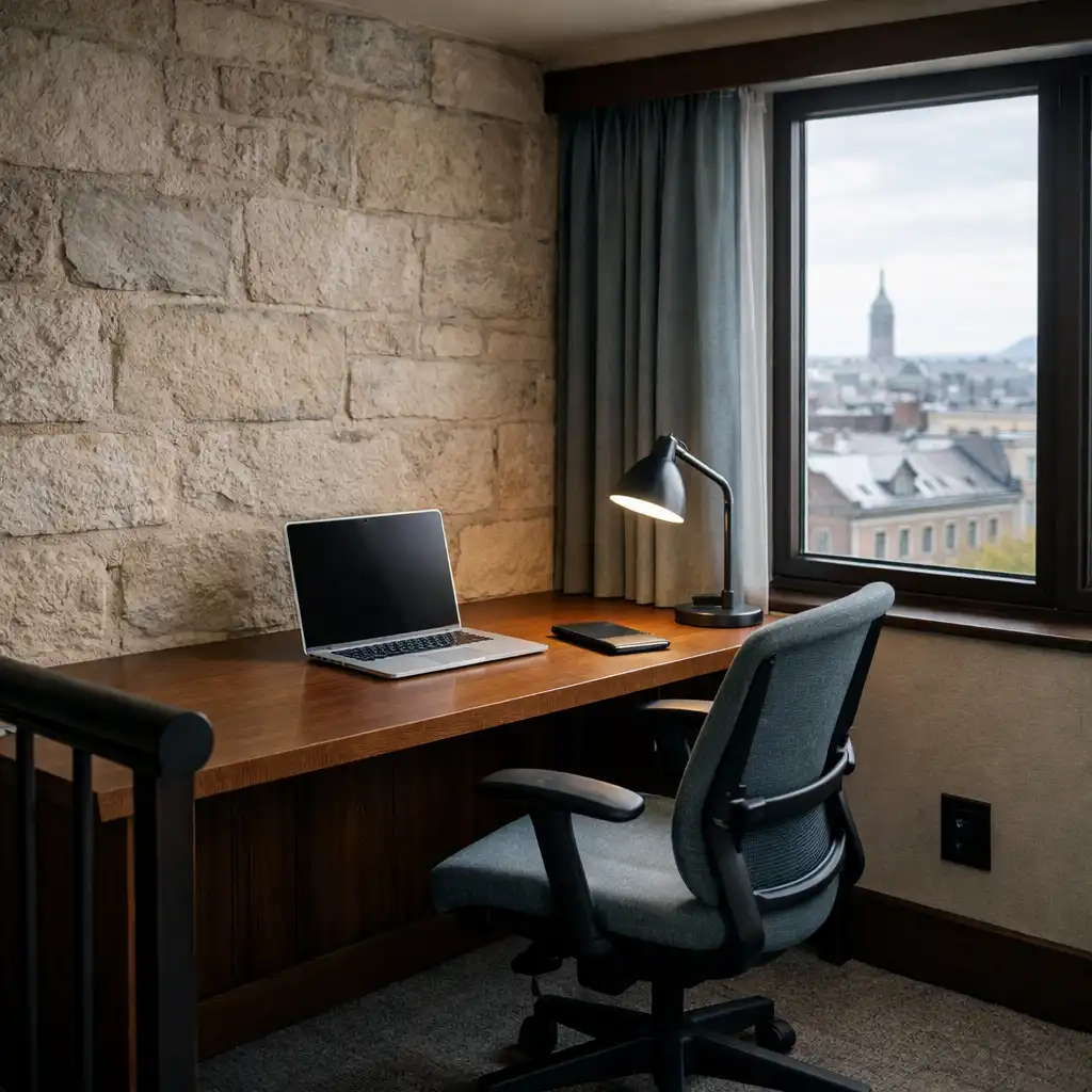 Quiet work area with a wooden desk, laptop, ergonomic chair, and natural light