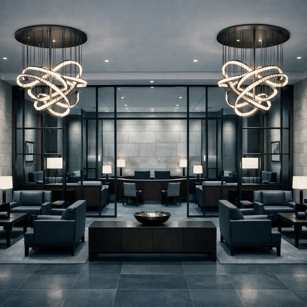 A wide interior view of the Card Lounge showing stone walls, glass partitions, dark timber furniture, and sculptural lighting.