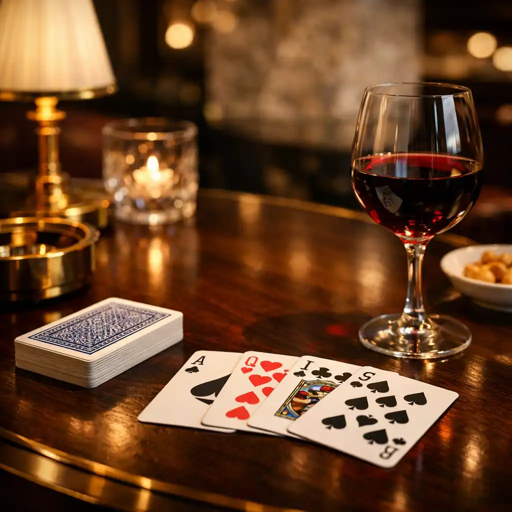 A close-up of a card table with a deck of cards, a glass of wine, and elegant table settings in warm light.