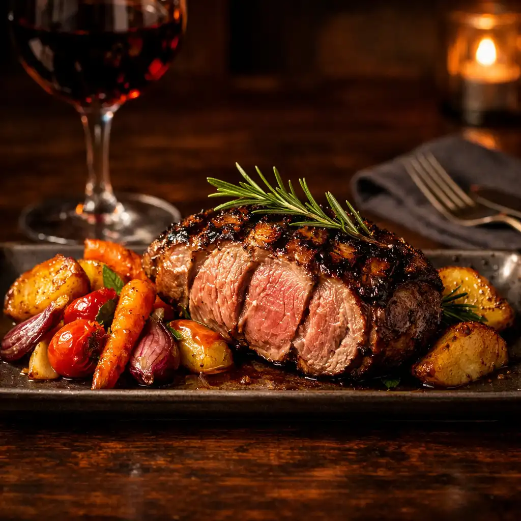 Grilled lamb rump with rosemary and roasted vegetables on a dark timber table with a glass of red wine