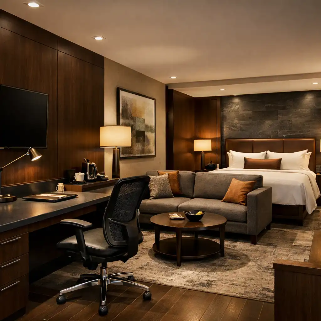 Executive Corner room with an expanded work desk, lounge seating, and a king bed in the background