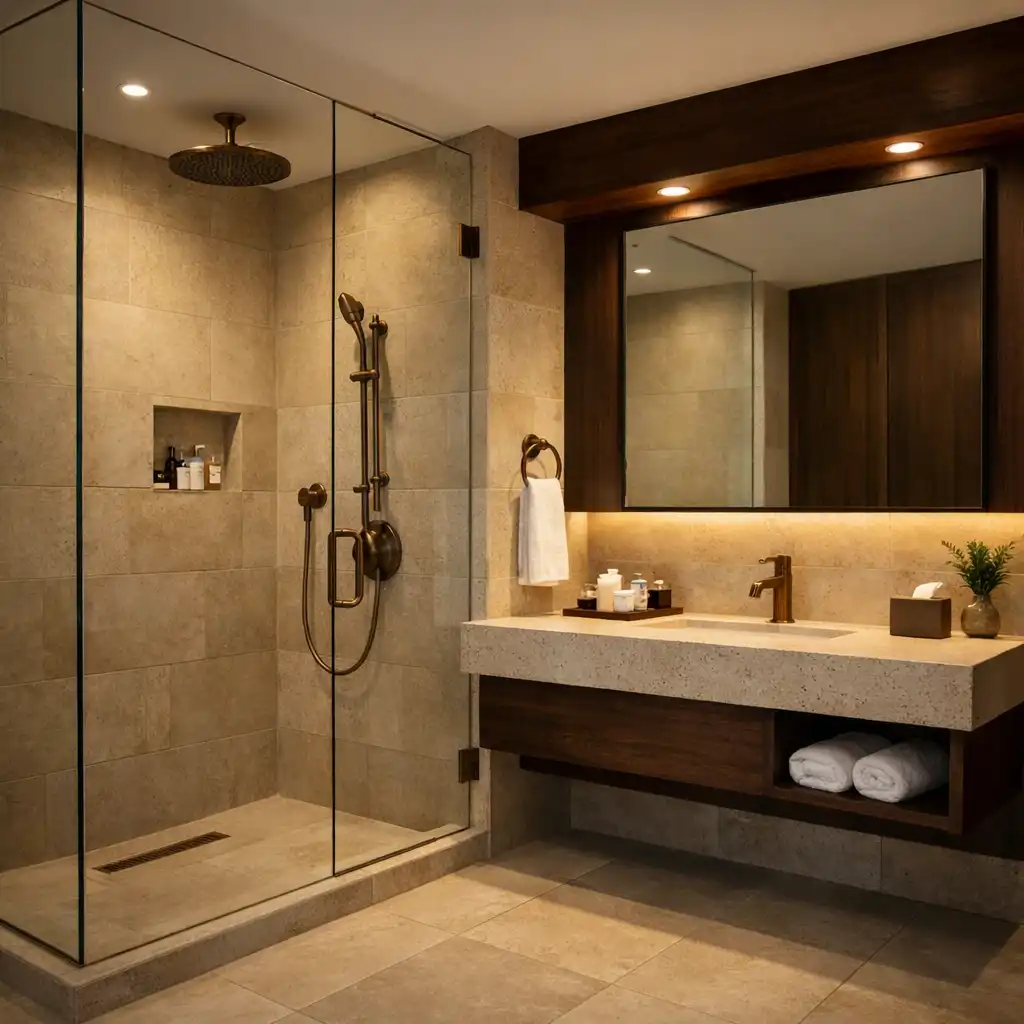 Hotel bathroom with a walk-in rain shower, floating stone vanity, and bronze fixtures