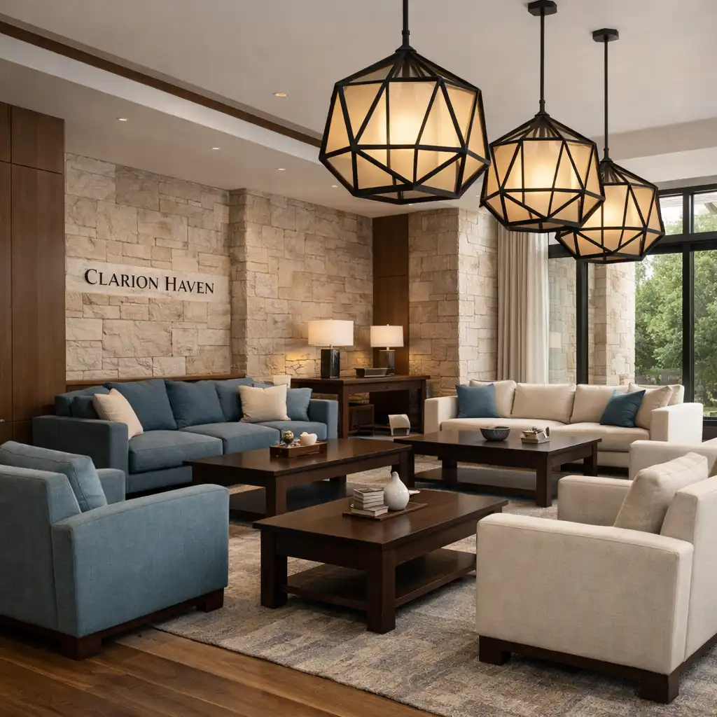 Hotel lounge with comfortable seating, dark timber coffee tables, and geometric lighting