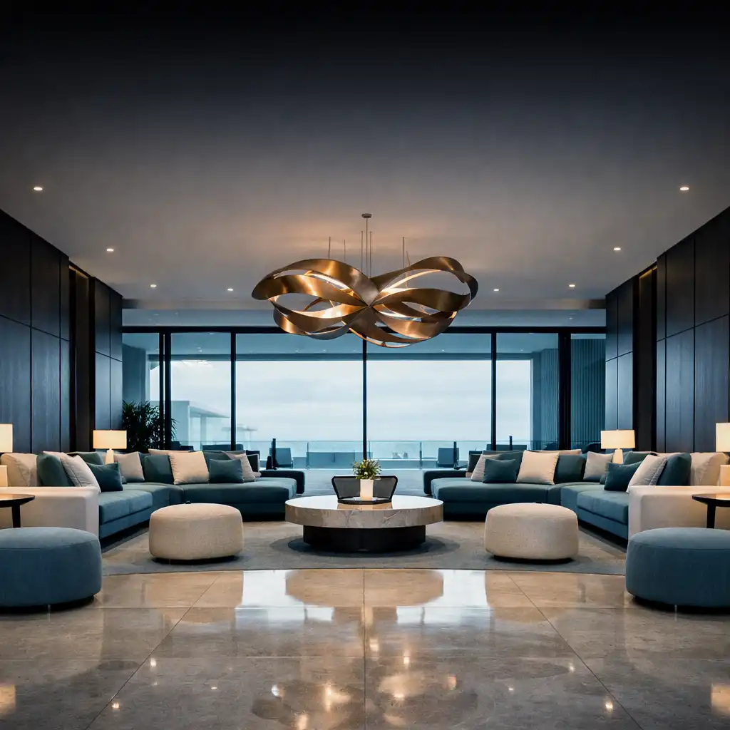 Contemporary Clarion Haven lobby with limestone floors, dark timber panels, and sculptural bronze lighting