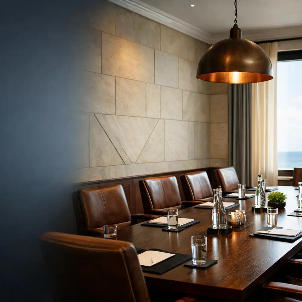 Flexible event space at Clarion Haven with long timber table, leather chairs, and coastal light