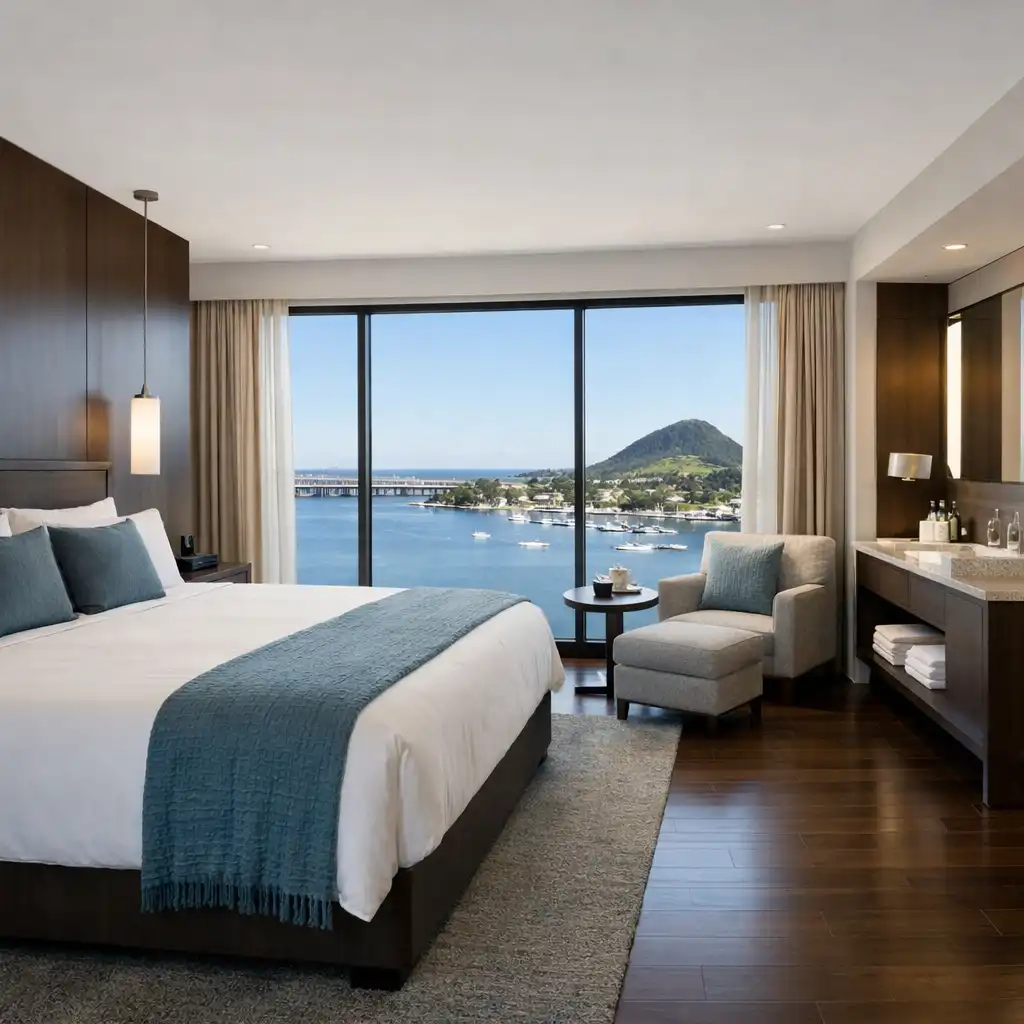 Harbour Room with floor-to-ceiling windows framing Tauranga's waterfront and a seating area by the window