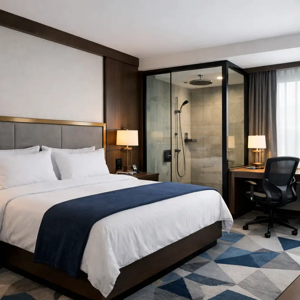 Haven King room with a king bed, work desk, and rain shower visible through a glass door