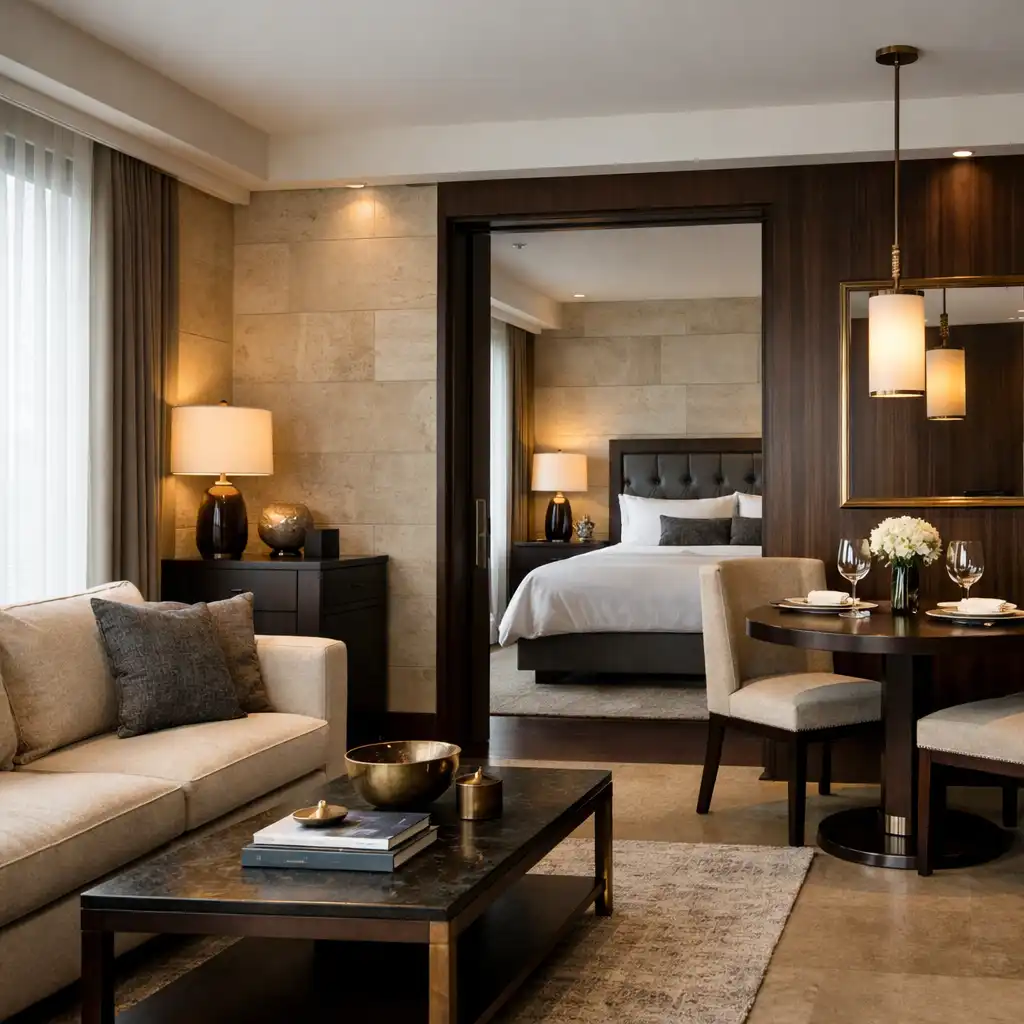 Haven Suite with a separate living room, dining area for two, and a private bedroom with a king bed