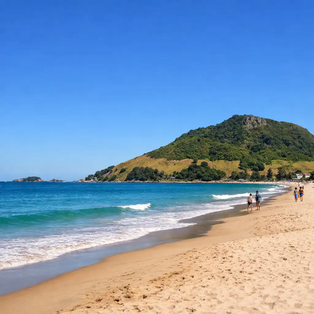 Mount Maunganui Beach with golden sand, gentle waves, and Mauao in the background