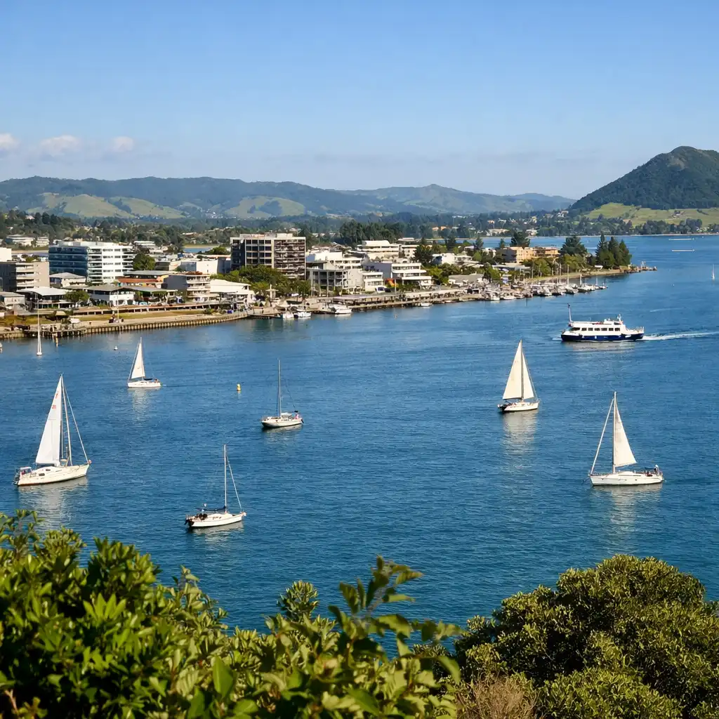 Tauranga harbour with sailboats, ferry, and city shoreline