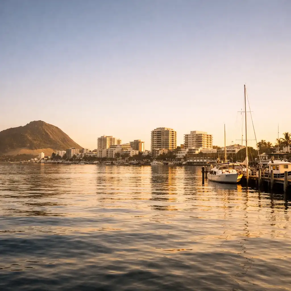 Tauranga waterfront at golden hour with calm harbour water and city skyline