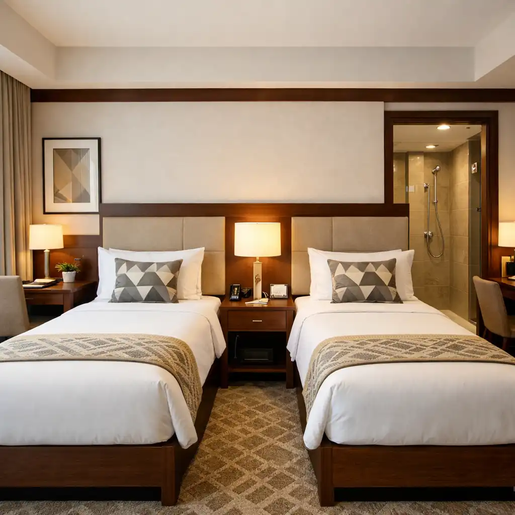 Twin Room with two single beds, a shared nightstand, and two small work areas